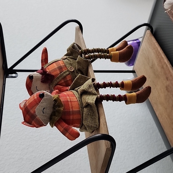 Autumn Fall Halloween Fox Shelf Sitter pair couple Spool/Button - Picture 2 of 4